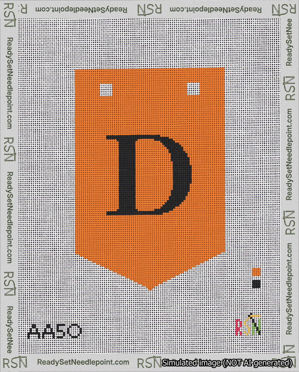 A taped needlepoint canvas with the design: Banner 18 mesh count Pointed D Black on Orange.