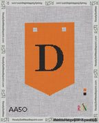 A taped needlepoint canvas with the design: Banner 18 mesh count Pointed D Black on Orange.