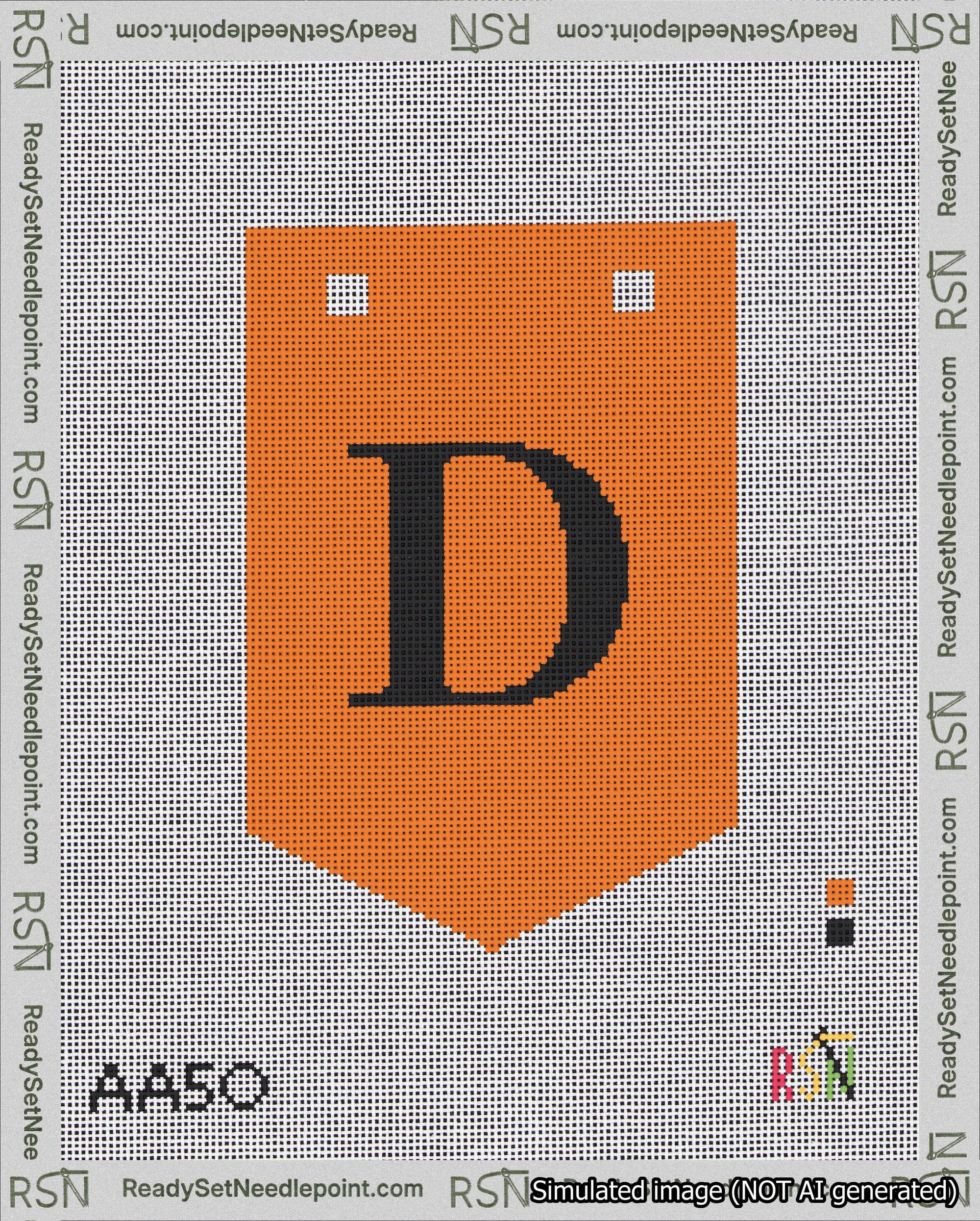 A taped needlepoint canvas with the design: Banner 18 mesh count Pointed D Black on Orange.