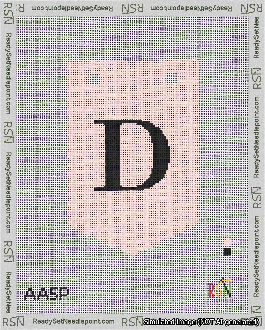 A taped needlepoint canvas with the design: Banner 18 mesh count Pointed D Black on Pink.