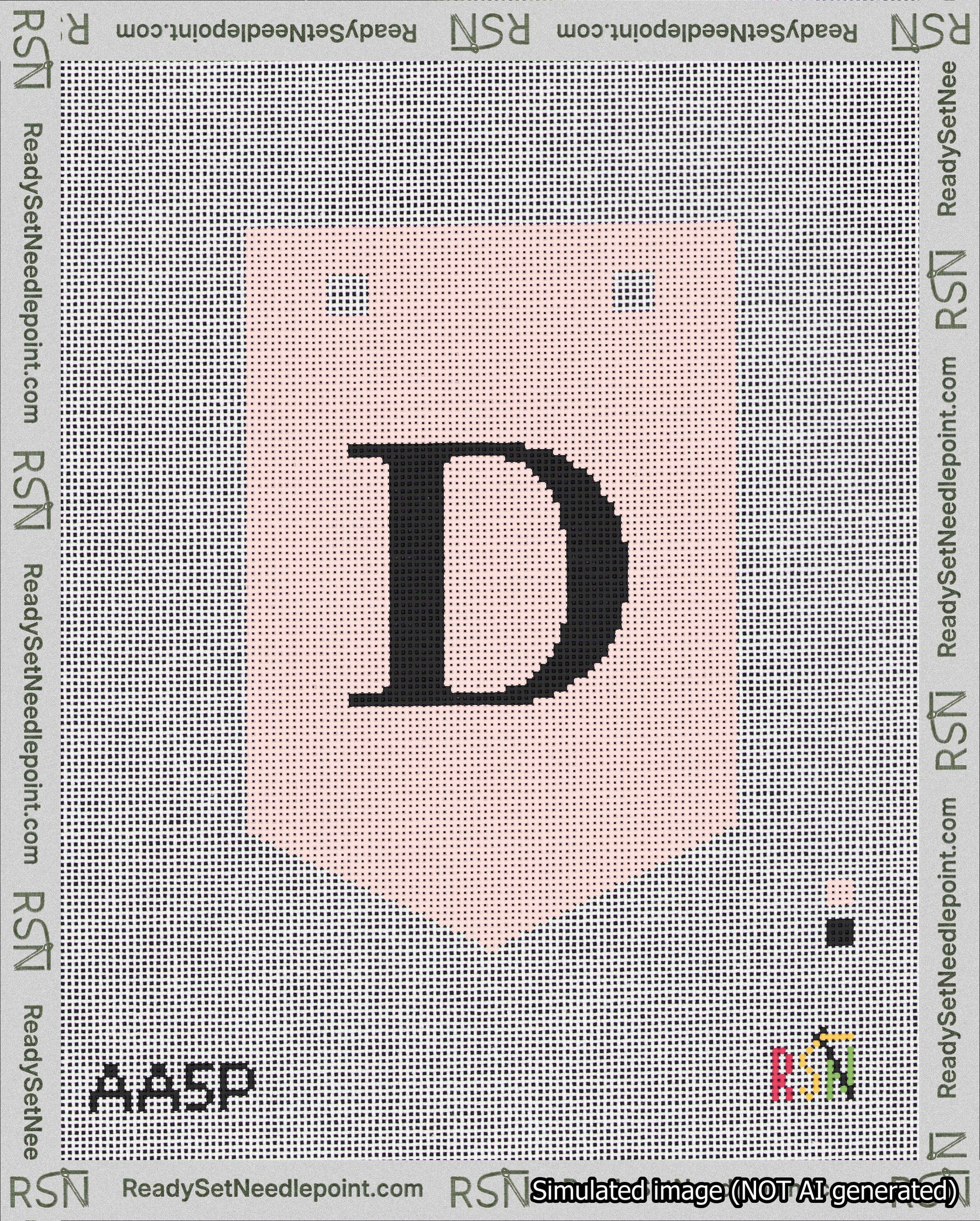 A taped needlepoint canvas with the design: Banner 18 mesh count Pointed D Black on Pink.
