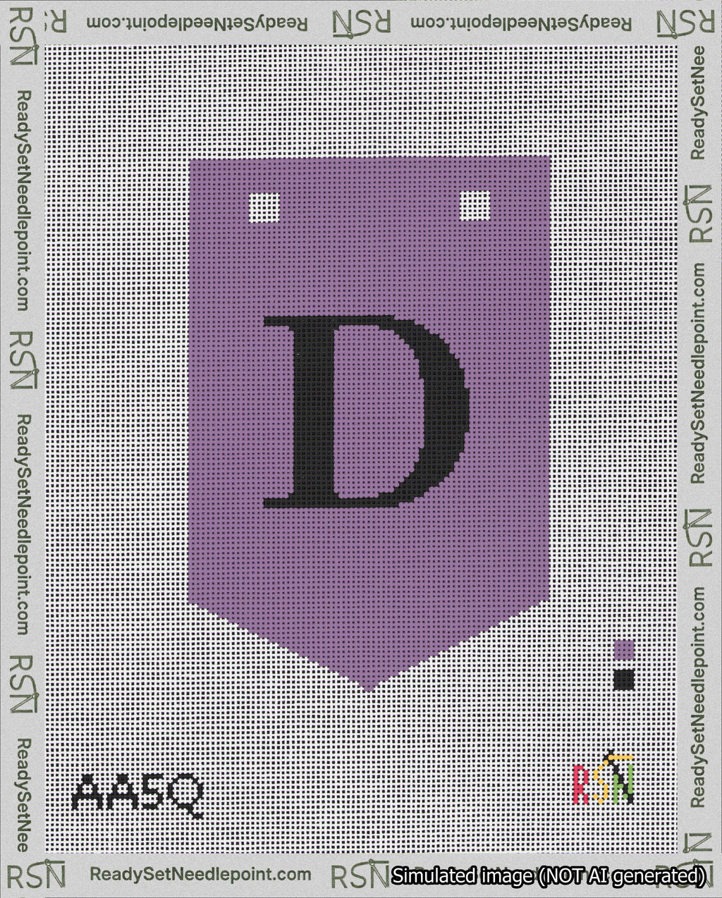 A taped needlepoint canvas with the design: Banner 18 mesh count Pointed D Black on Purple.