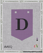 A taped needlepoint canvas with the design: Banner 18 mesh count Pointed D Black on Purple.