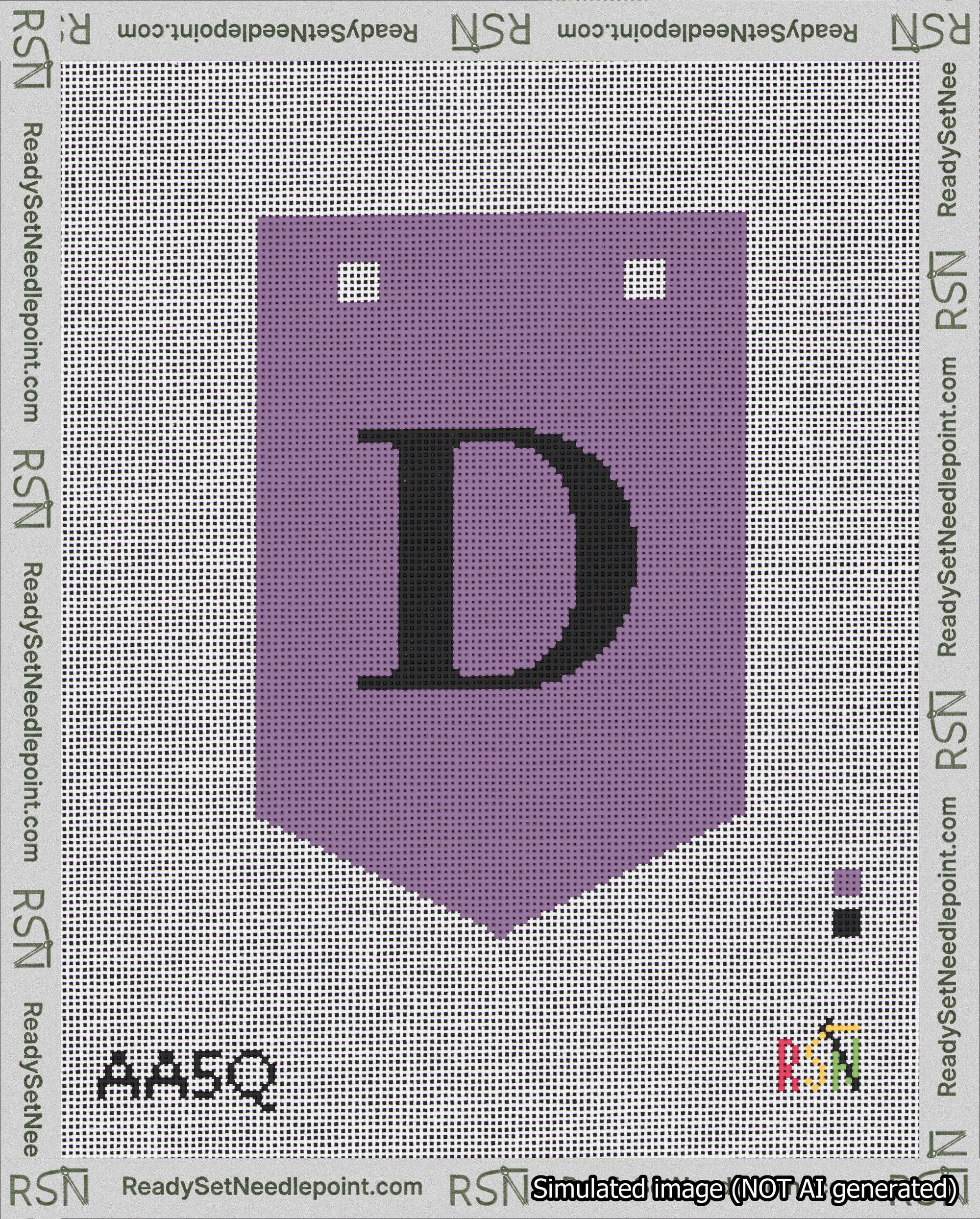 A taped needlepoint canvas with the design: Banner 18 mesh count Pointed D Black on Purple.