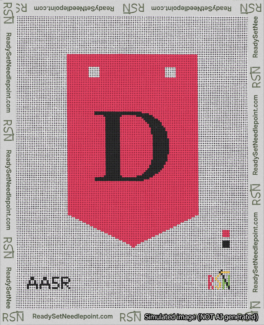 A taped needlepoint canvas with the design: Banner 18 mesh count Pointed D Black on Red.