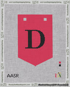 A taped needlepoint canvas with the design: Banner 18 mesh count Pointed D Black on Red.
