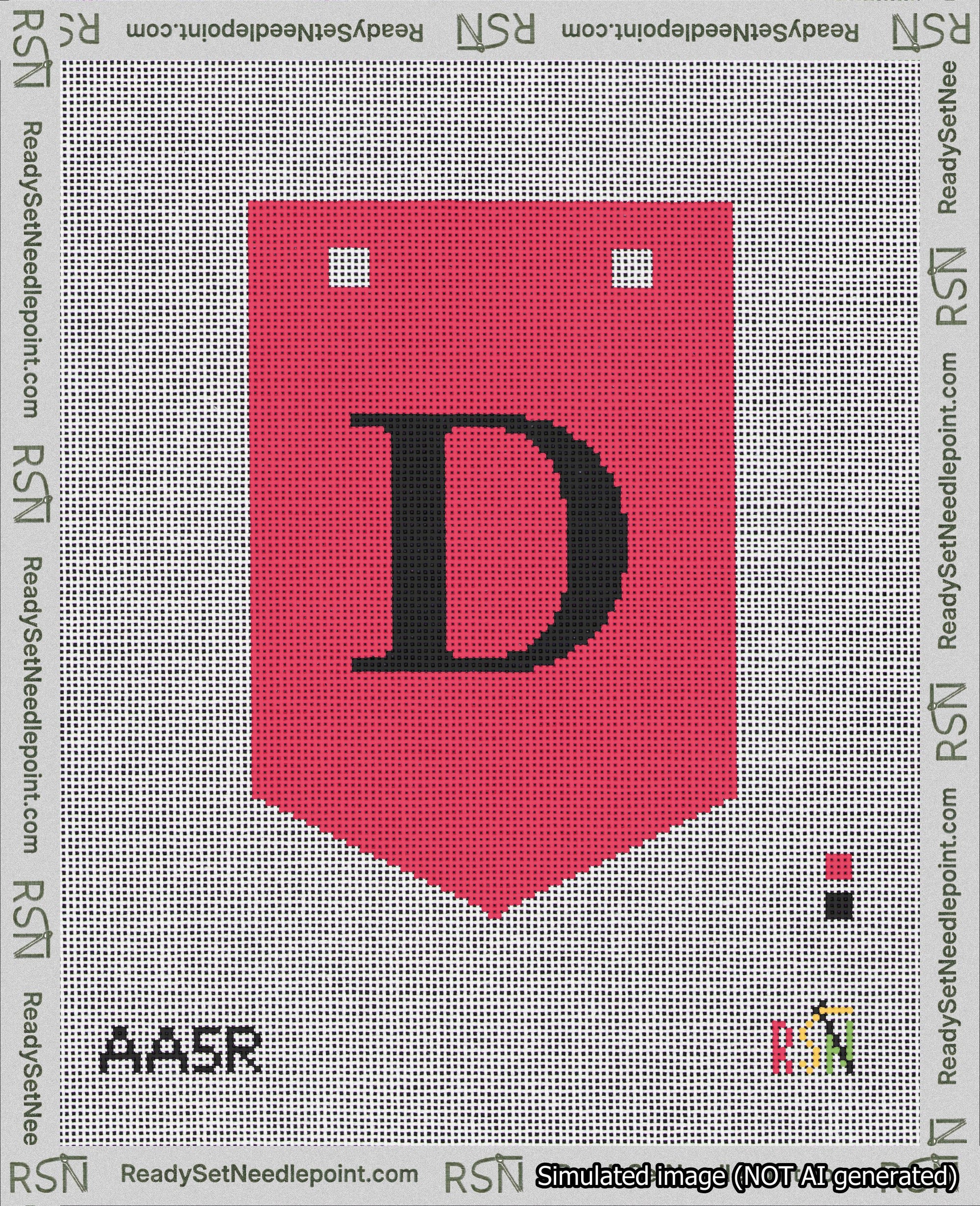 A taped needlepoint canvas with the design: Banner 18 mesh count Pointed D Black on Red.
