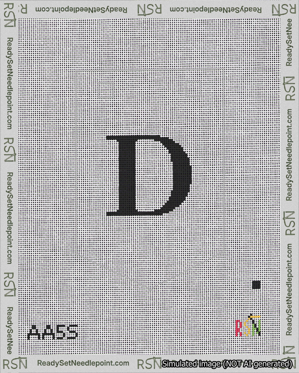 A taped needlepoint canvas with the design: Banner 18 mesh count Pointed D Black on White.