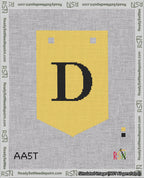 A taped needlepoint canvas with the design: Banner 18 mesh count Pointed D Black on Yellow.