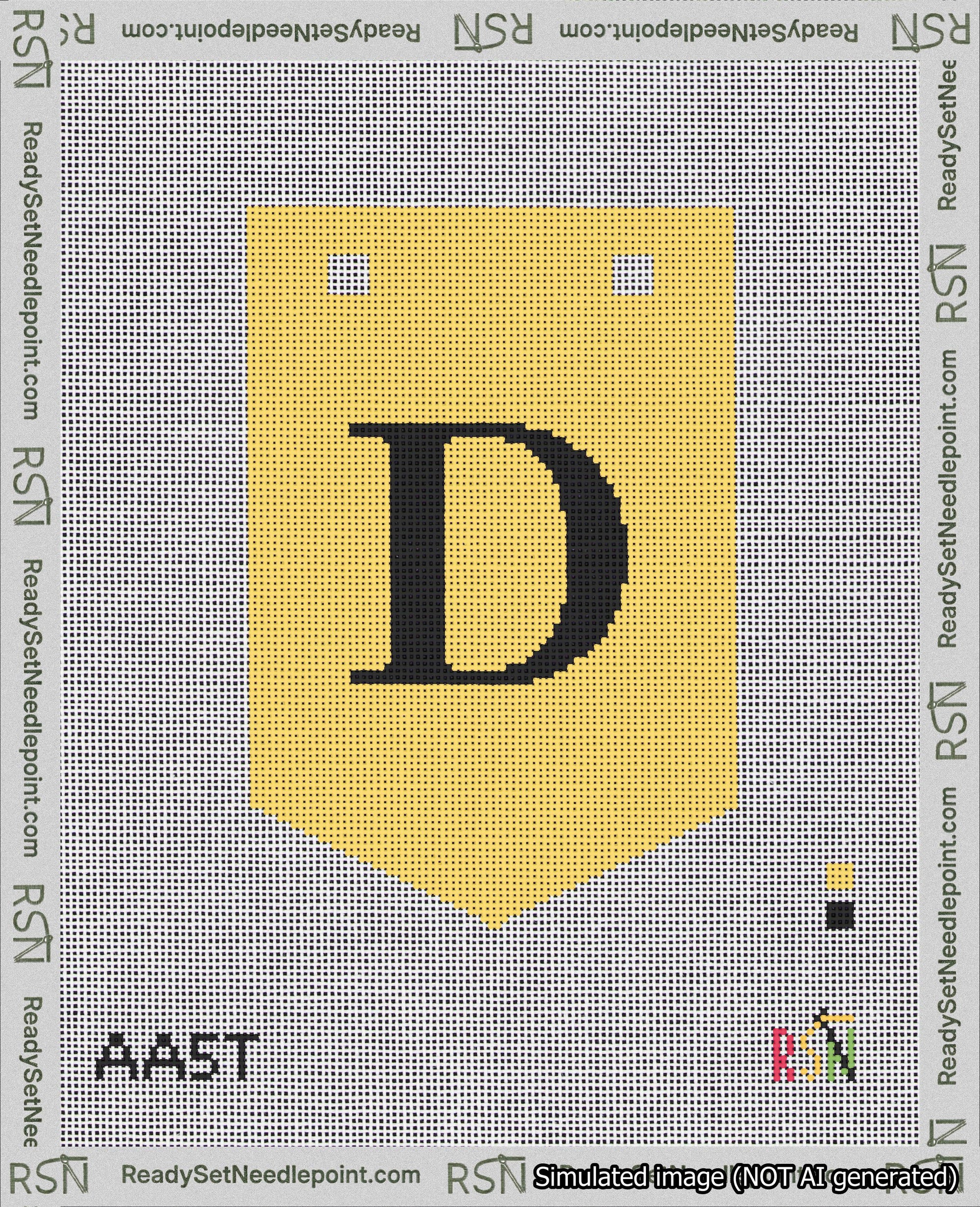 A taped needlepoint canvas with the design: Banner 18 mesh count Pointed D Black on Yellow.