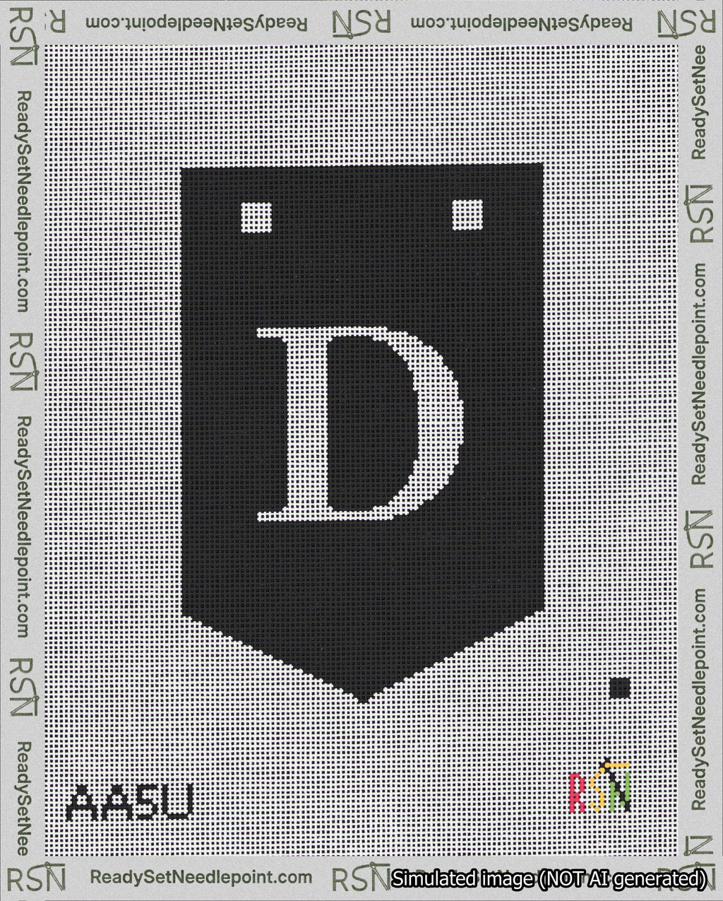 A taped needlepoint canvas with the design: Banner 18 mesh count Pointed D White on Black.