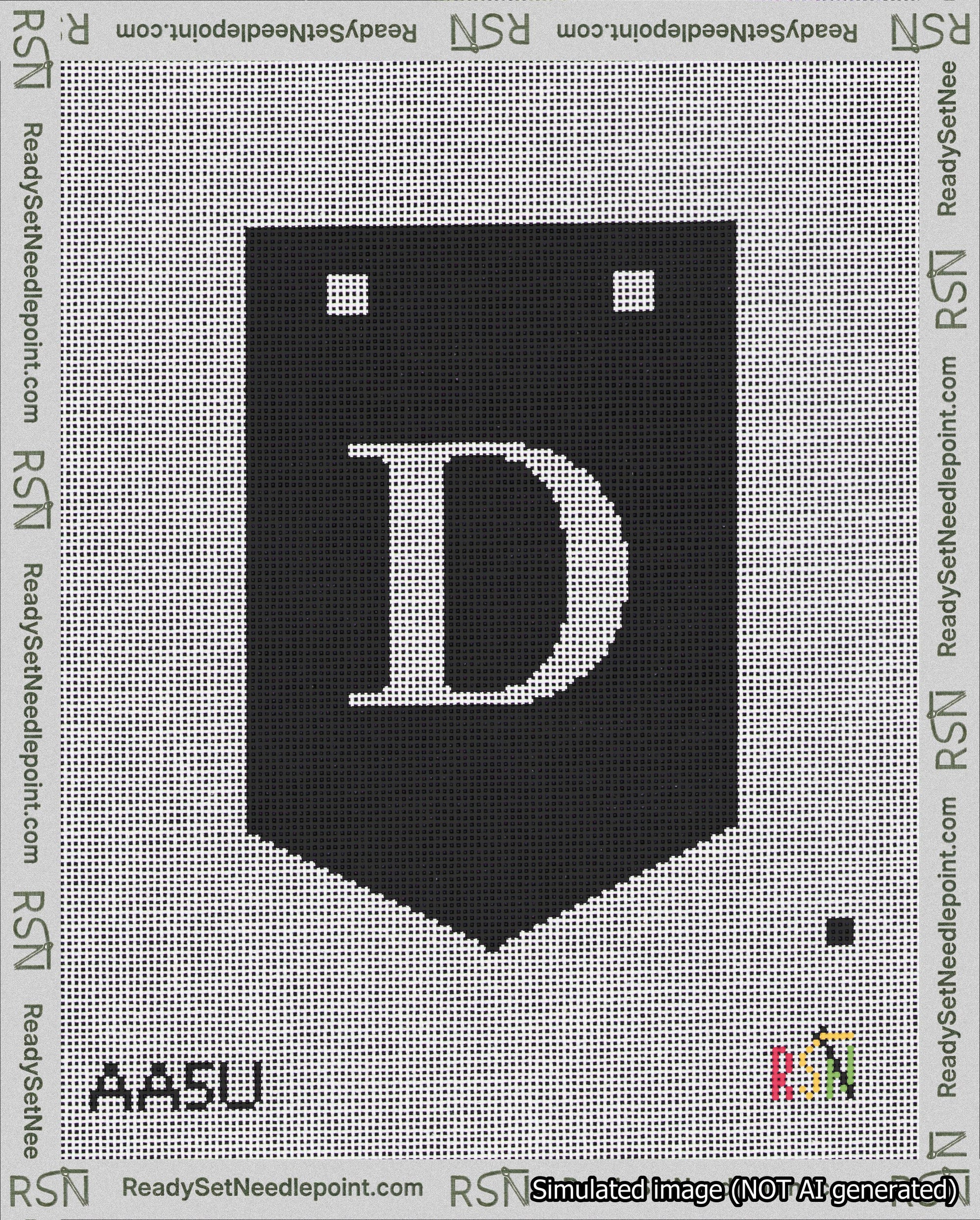 A taped needlepoint canvas with the design: Banner 18 mesh count Pointed D White on Black.