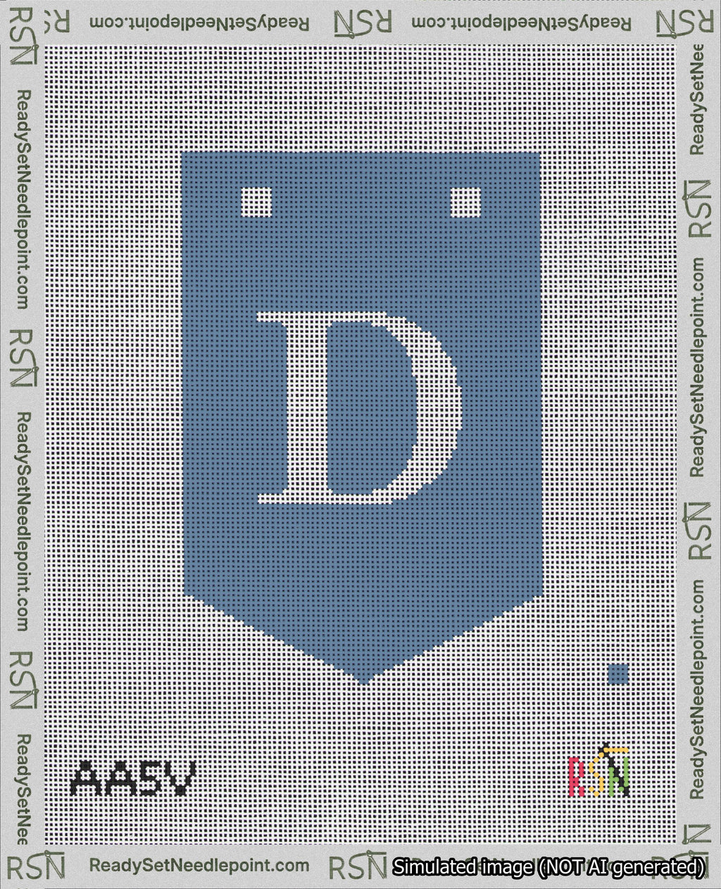A taped needlepoint canvas with the design: Banner 18 mesh count Pointed D White on Blue.