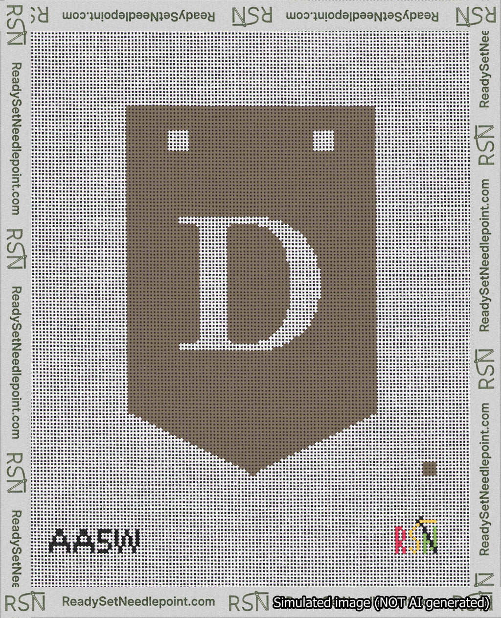 A taped needlepoint canvas with the design: Banner 18 mesh count Pointed D White on Brown.