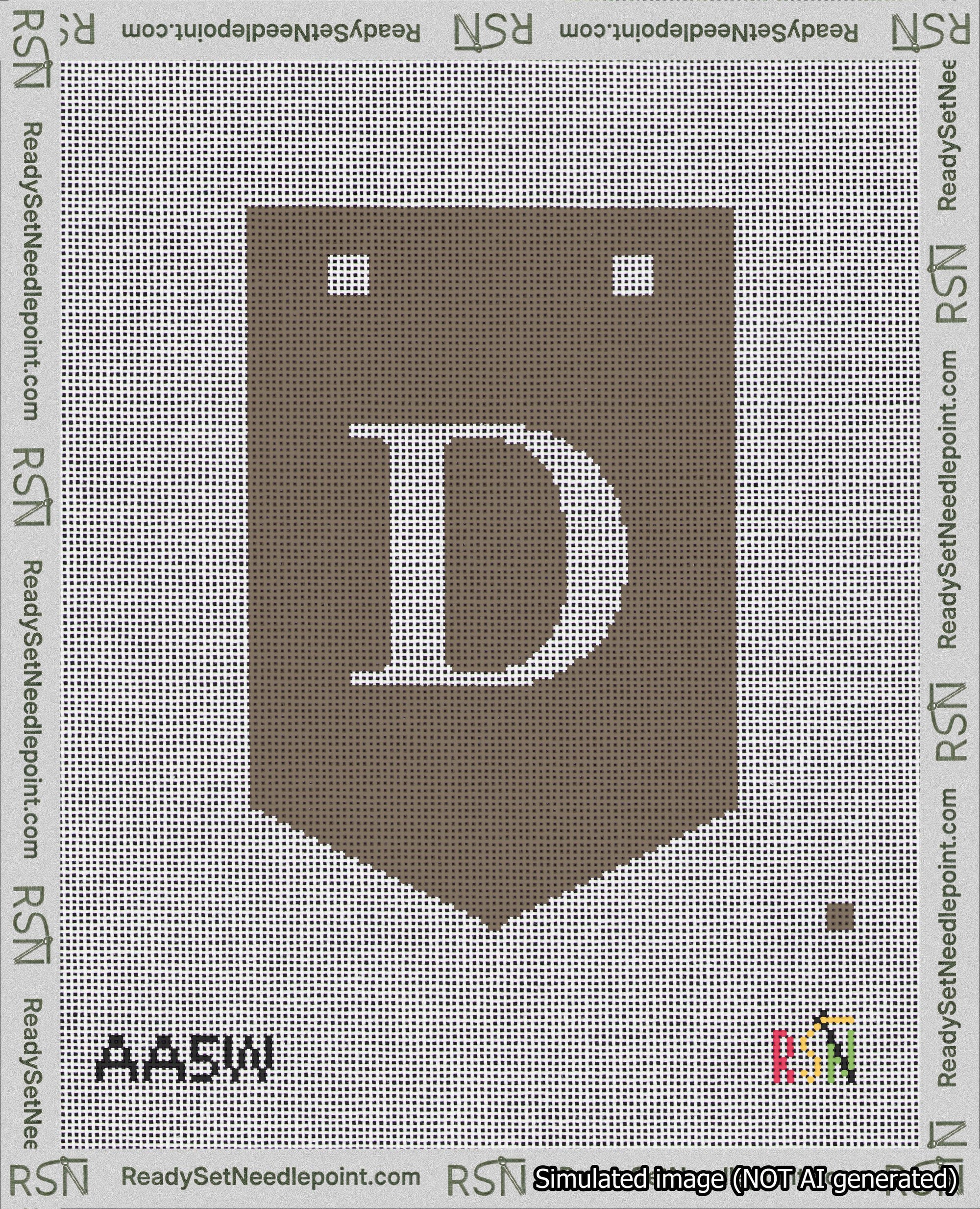 A taped needlepoint canvas with the design: Banner 18 mesh count Pointed D White on Brown.