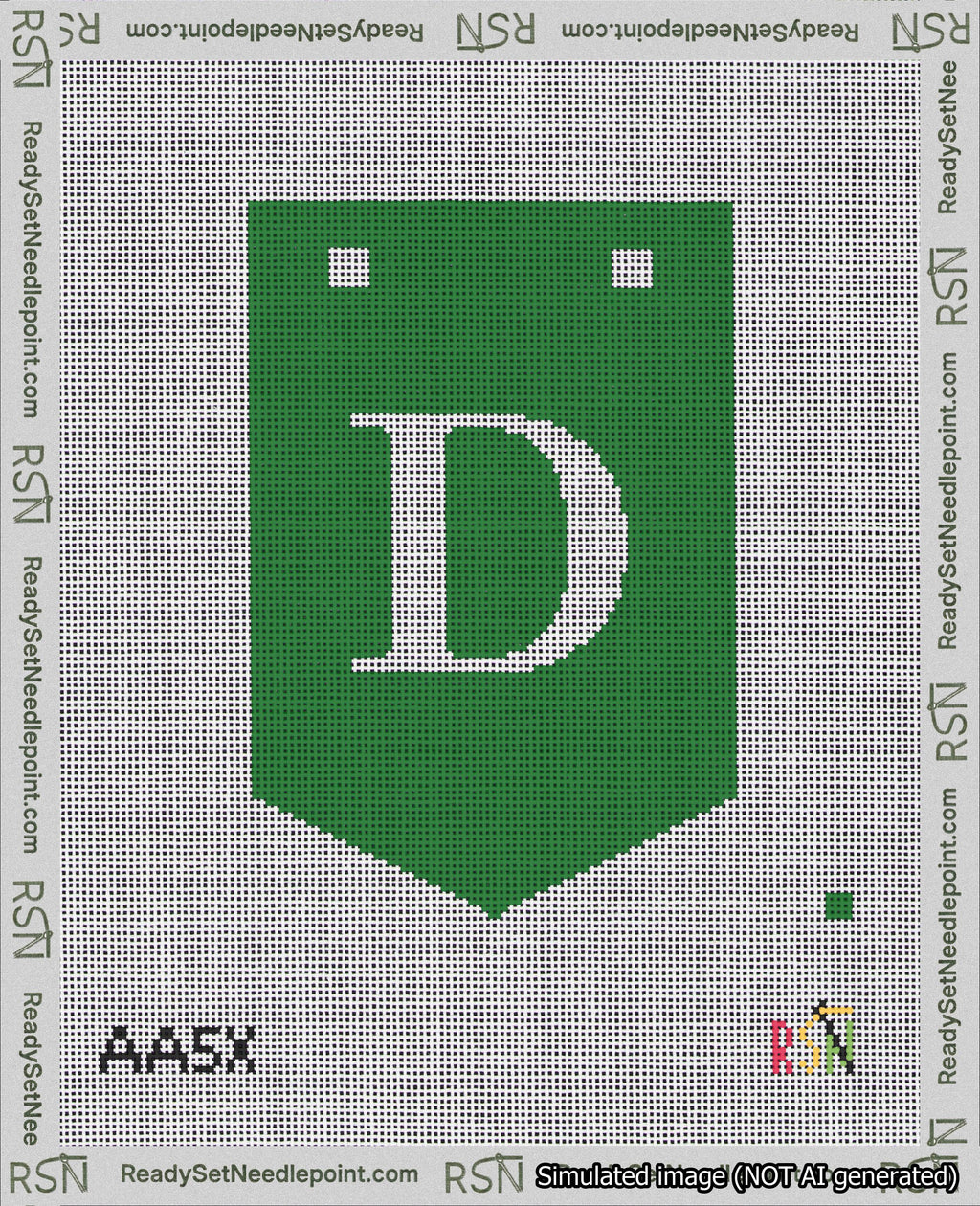 A taped needlepoint canvas with the design: Banner 18 mesh count Pointed D White on Green.