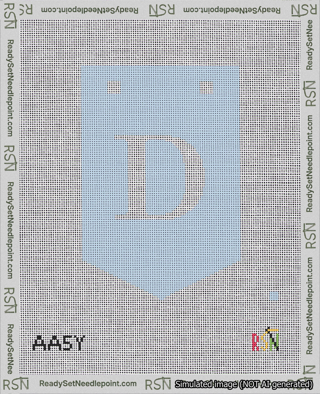 A taped needlepoint canvas with the design: Banner 18 mesh count Pointed D White on Light Blue.