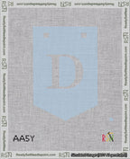 A taped needlepoint canvas with the design: Banner 18 mesh count Pointed D White on Light Blue.
