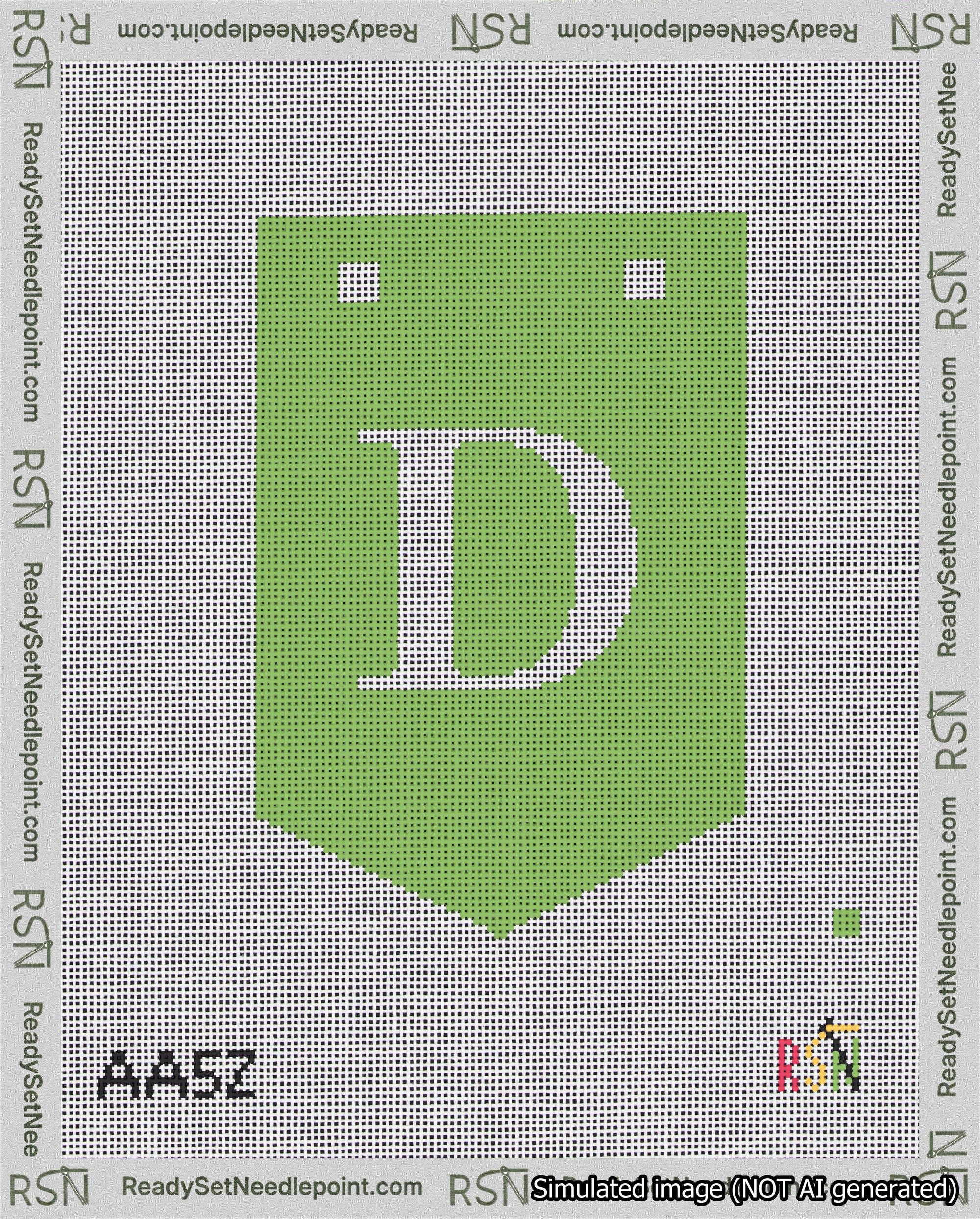 A taped needlepoint canvas with the design: Banner 18 mesh count Pointed D White on Light Green.