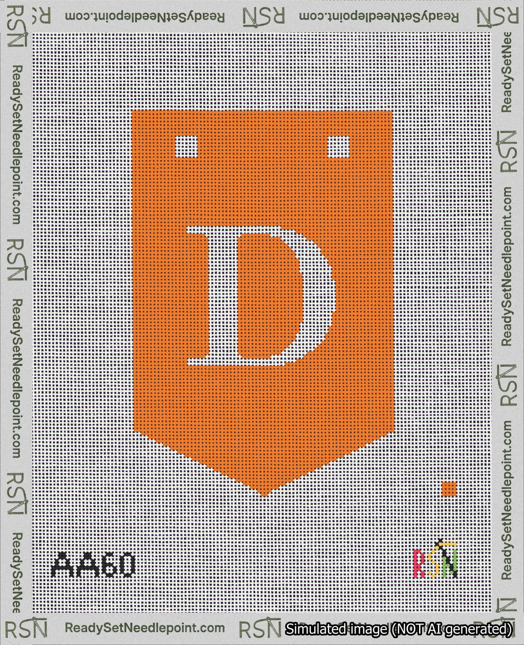 A taped needlepoint canvas with the design: Banner 18 mesh count Pointed D White on Orange.