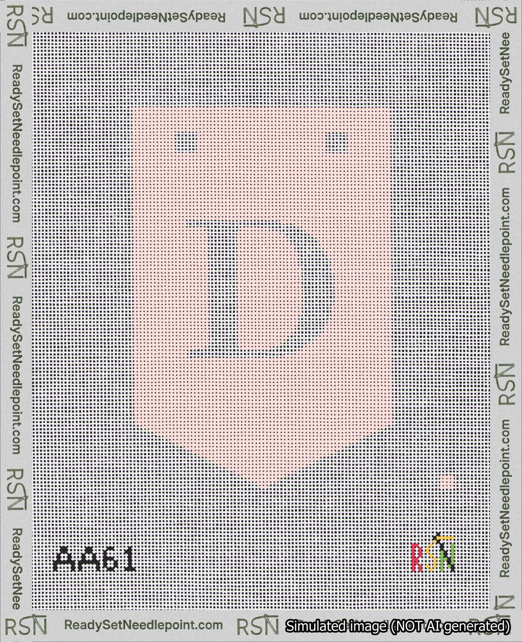 A taped needlepoint canvas with the design: Banner 18 mesh count Pointed D White on Pink.