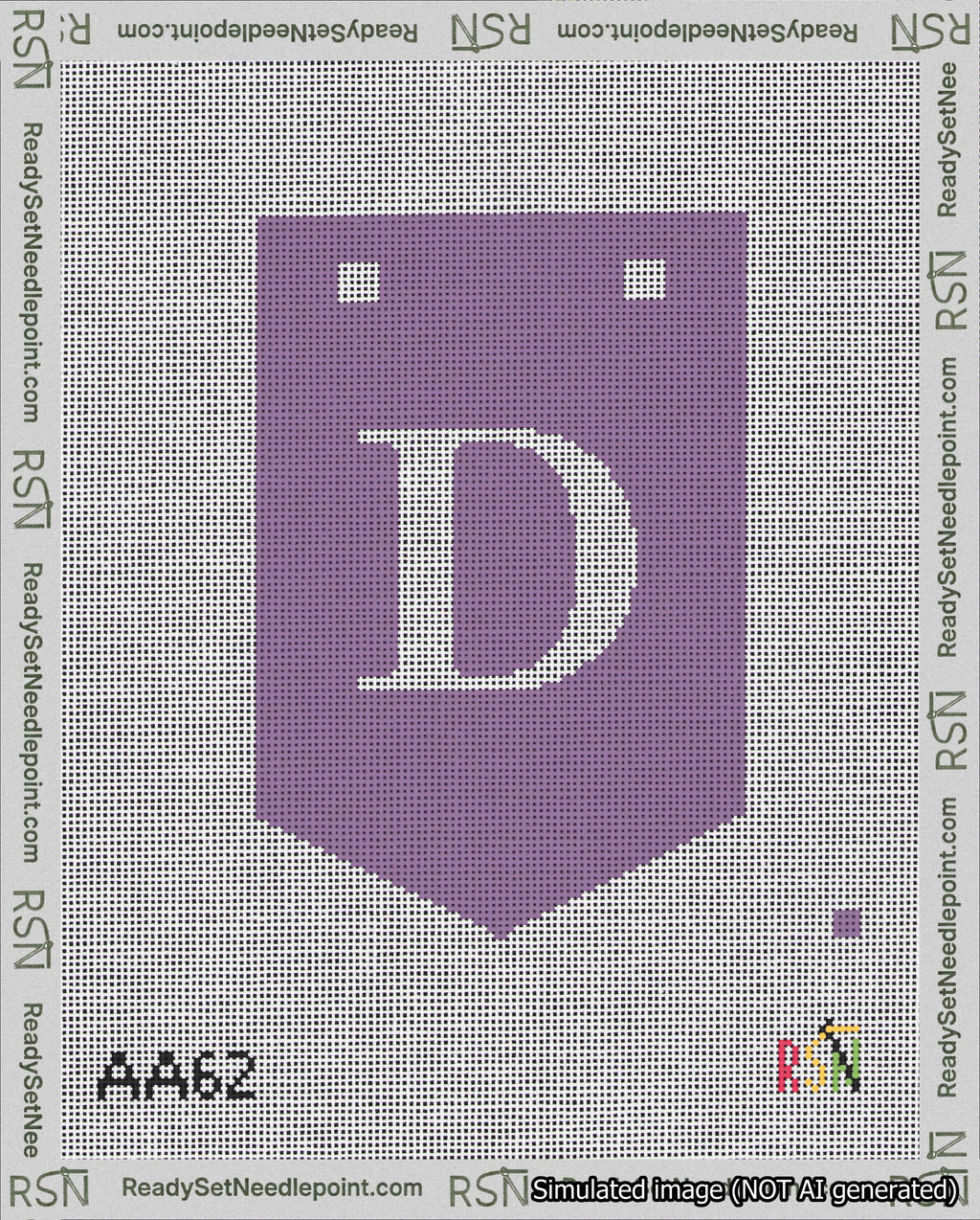 A taped needlepoint canvas with the design: Banner 18 mesh count Pointed D White on Purple.