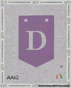 A taped needlepoint canvas with the design: Banner 18 mesh count Pointed D White on Purple.
