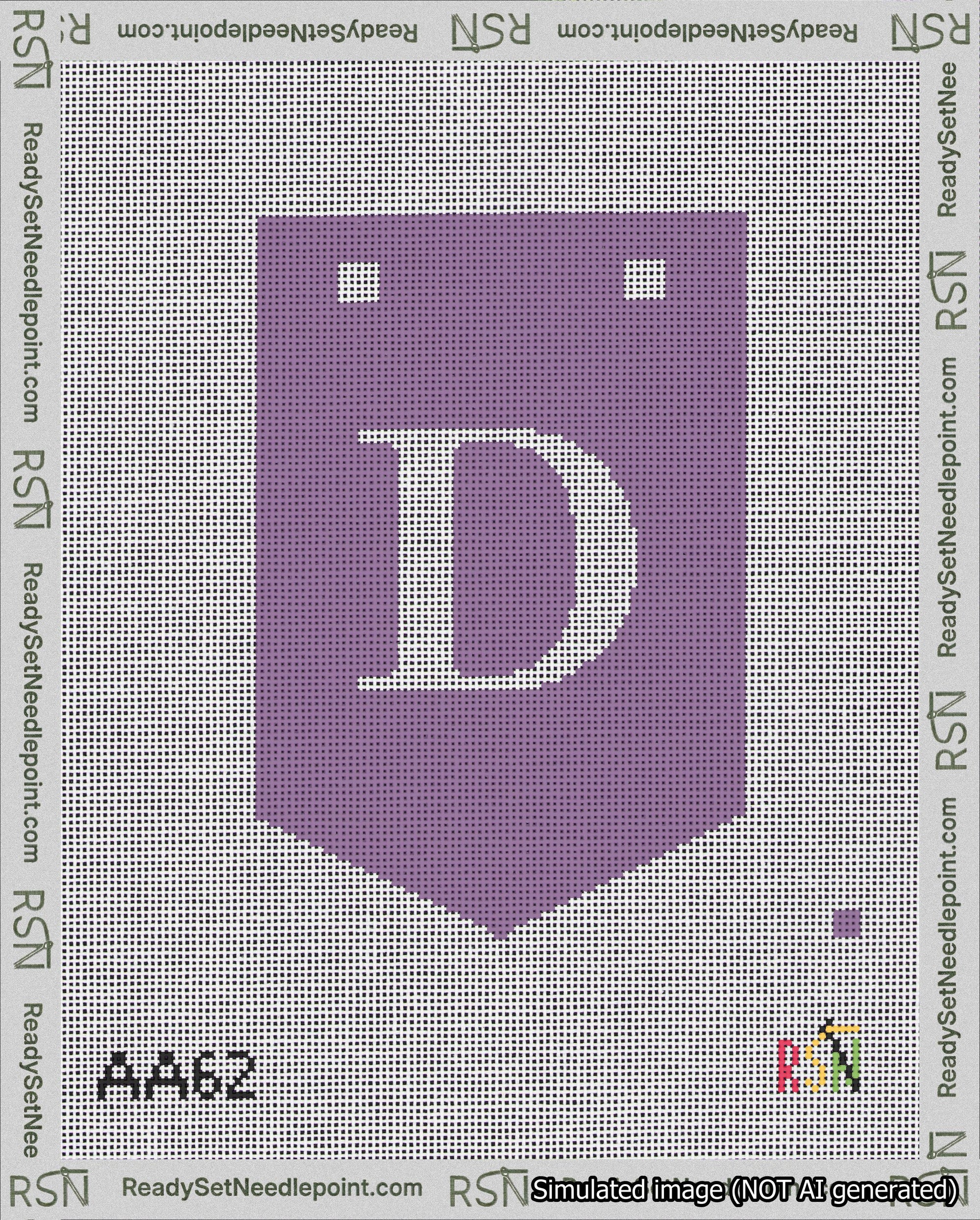 A taped needlepoint canvas with the design: Banner 18 mesh count Pointed D White on Purple.
