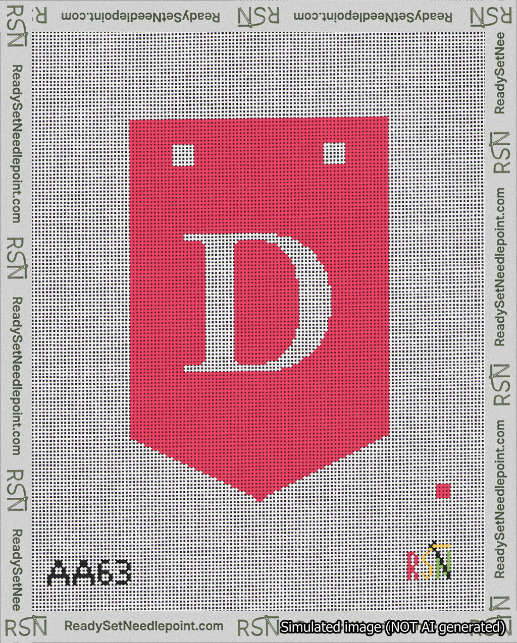 A taped needlepoint canvas with the design: Banner 18 mesh count Pointed D White on Red.