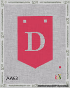A taped needlepoint canvas with the design: Banner 18 mesh count Pointed D White on Red.