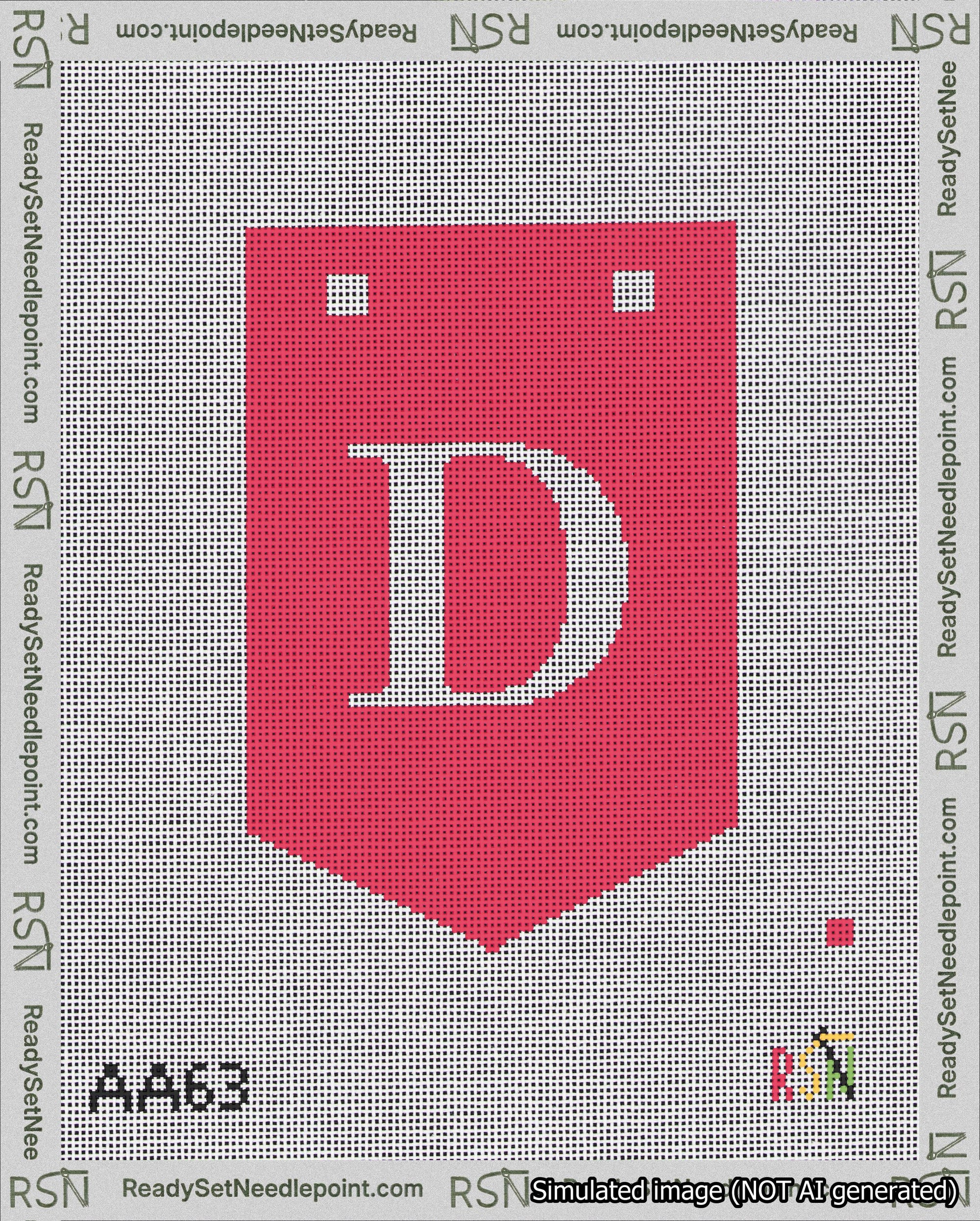 A taped needlepoint canvas with the design: Banner 18 mesh count Pointed D White on Red.