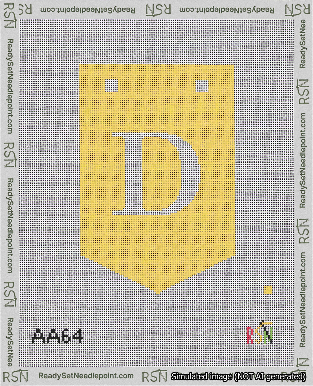 A taped needlepoint canvas with the design: Banner 18 mesh count Pointed D White on Yellow.