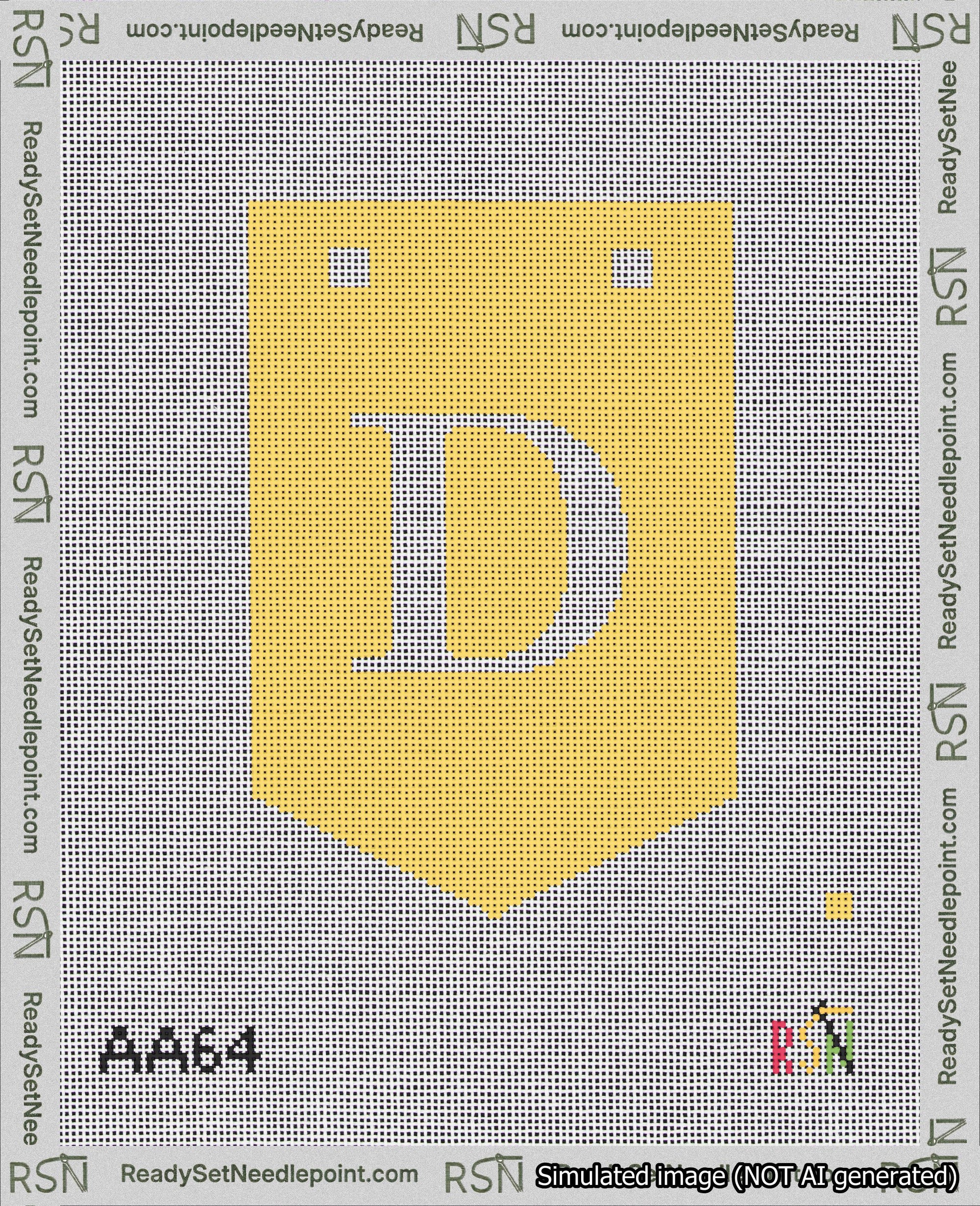 A taped needlepoint canvas with the design: Banner 18 mesh count Pointed D White on Yellow.