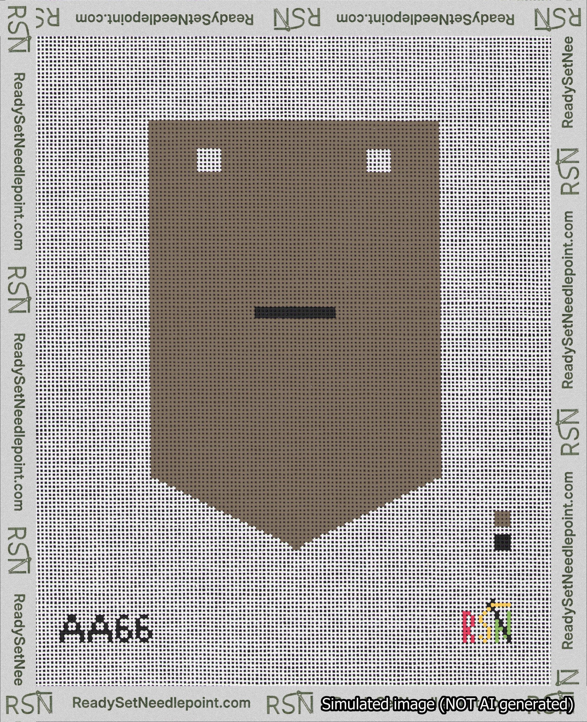 A taped needlepoint canvas with the design: Banner 18 mesh count Pointed Dash Black on Brown.