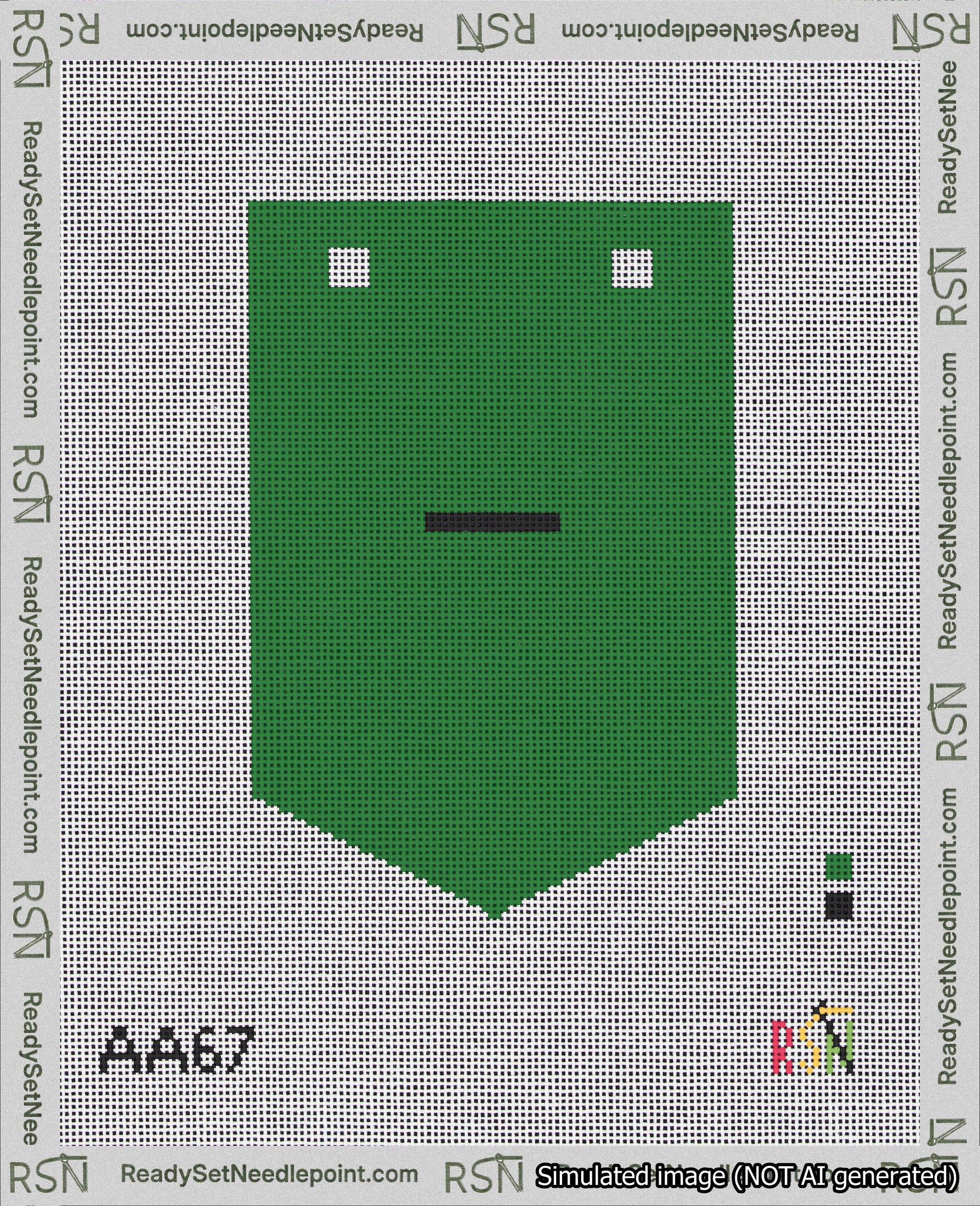 A taped needlepoint canvas with the design: Banner 18 mesh count Pointed Dash Black on Green.