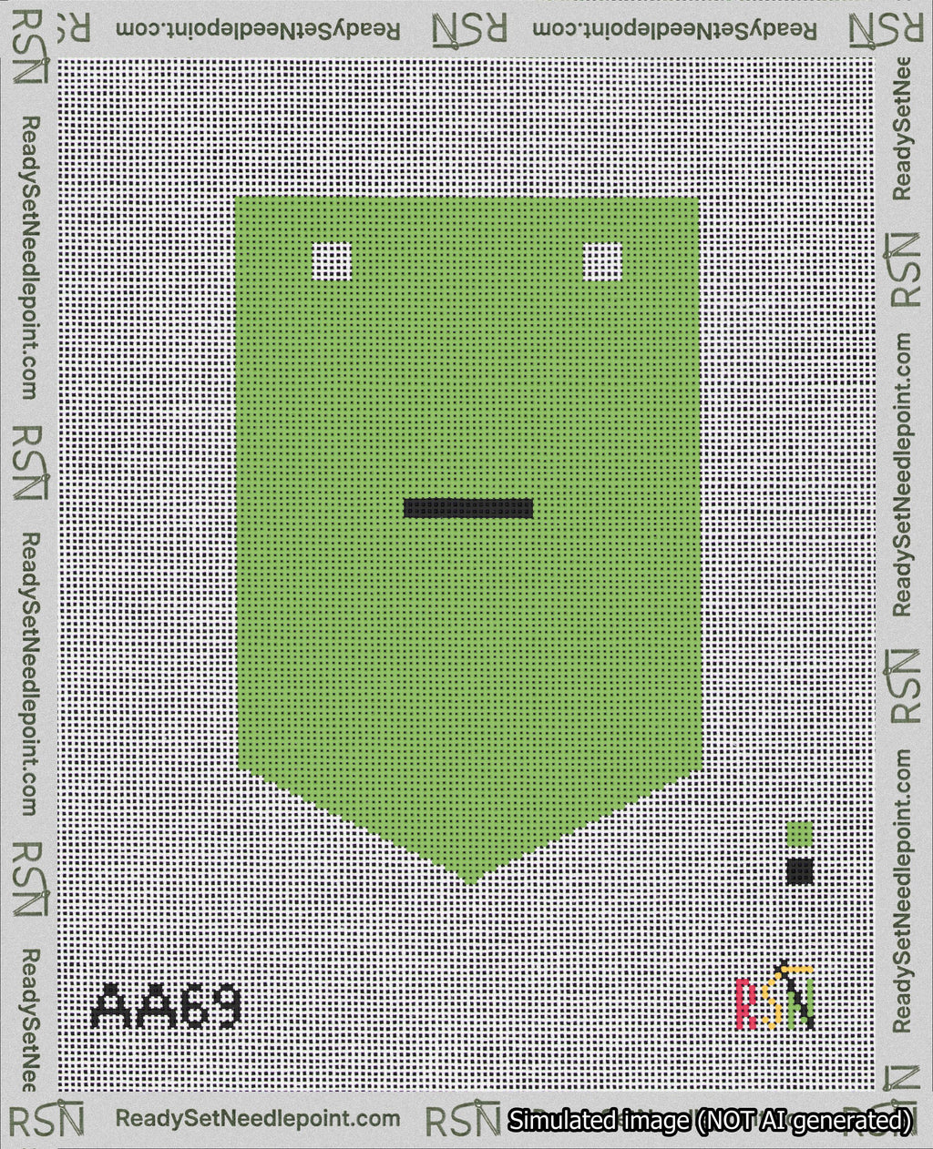 A taped needlepoint canvas with the design: Banner 18 mesh count Pointed Dash Black on Light Green.