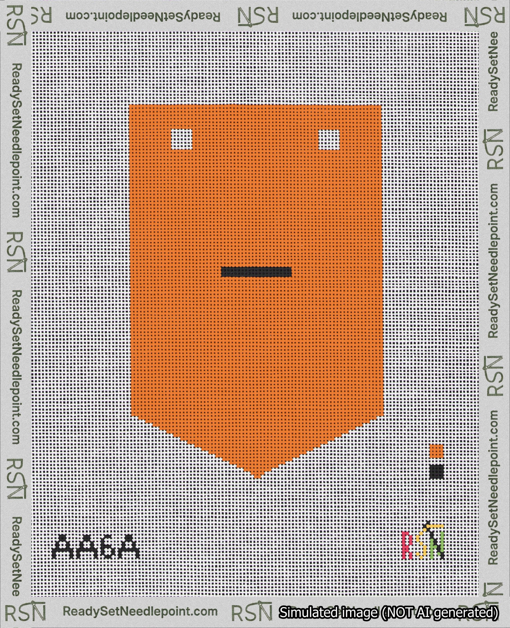 A taped needlepoint canvas with the design: Banner 18 mesh count Pointed Dash Black on Orange.