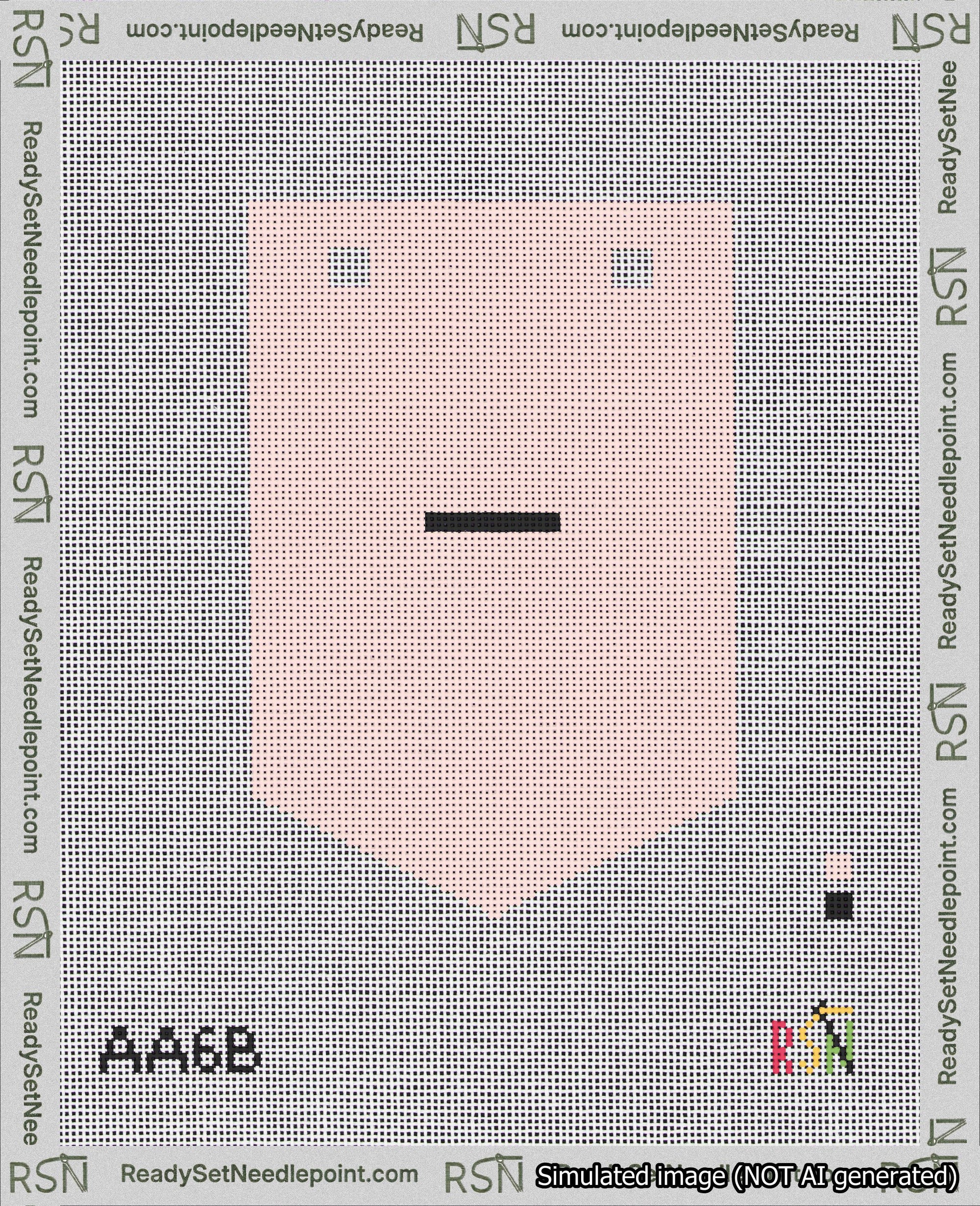 A taped needlepoint canvas with the design: Banner 18 mesh count Pointed Dash Black on Pink.