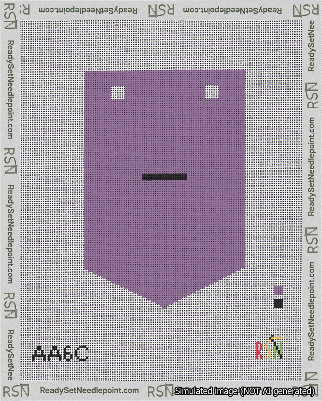 A taped needlepoint canvas with the design: Banner 18 mesh count Pointed Dash Black on Purple.