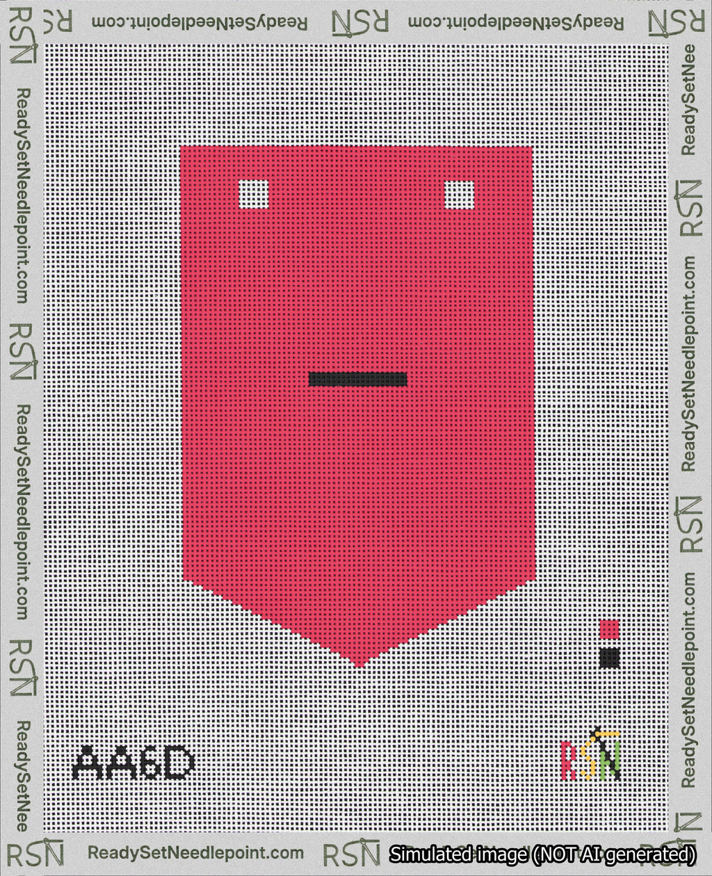 A taped needlepoint canvas with the design: Banner 18 mesh count Pointed Dash Black on Red.