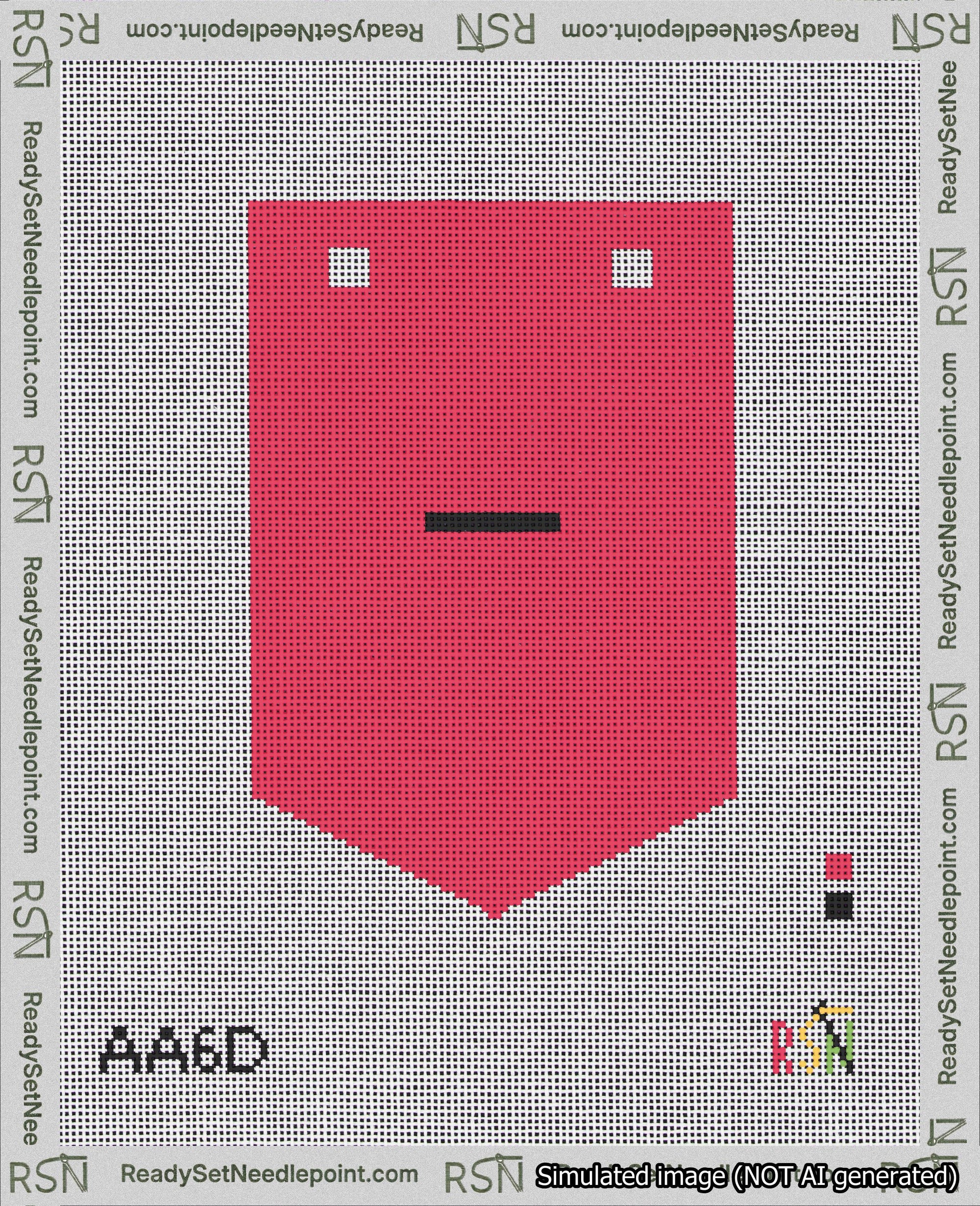 A taped needlepoint canvas with the design: Banner 18 mesh count Pointed Dash Black on Red.