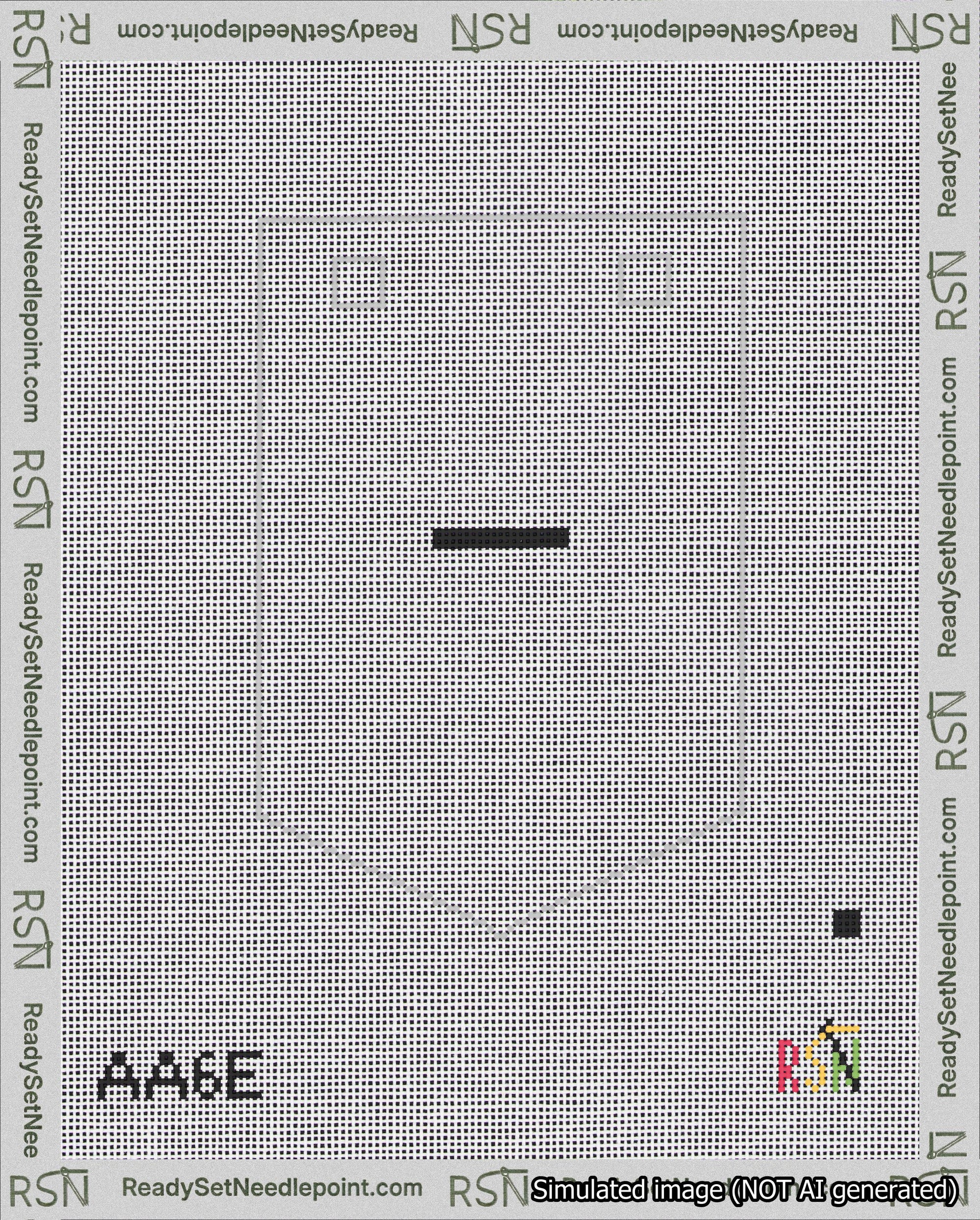 A taped needlepoint canvas with the design: Banner 18 mesh count Pointed Dash Black on White.