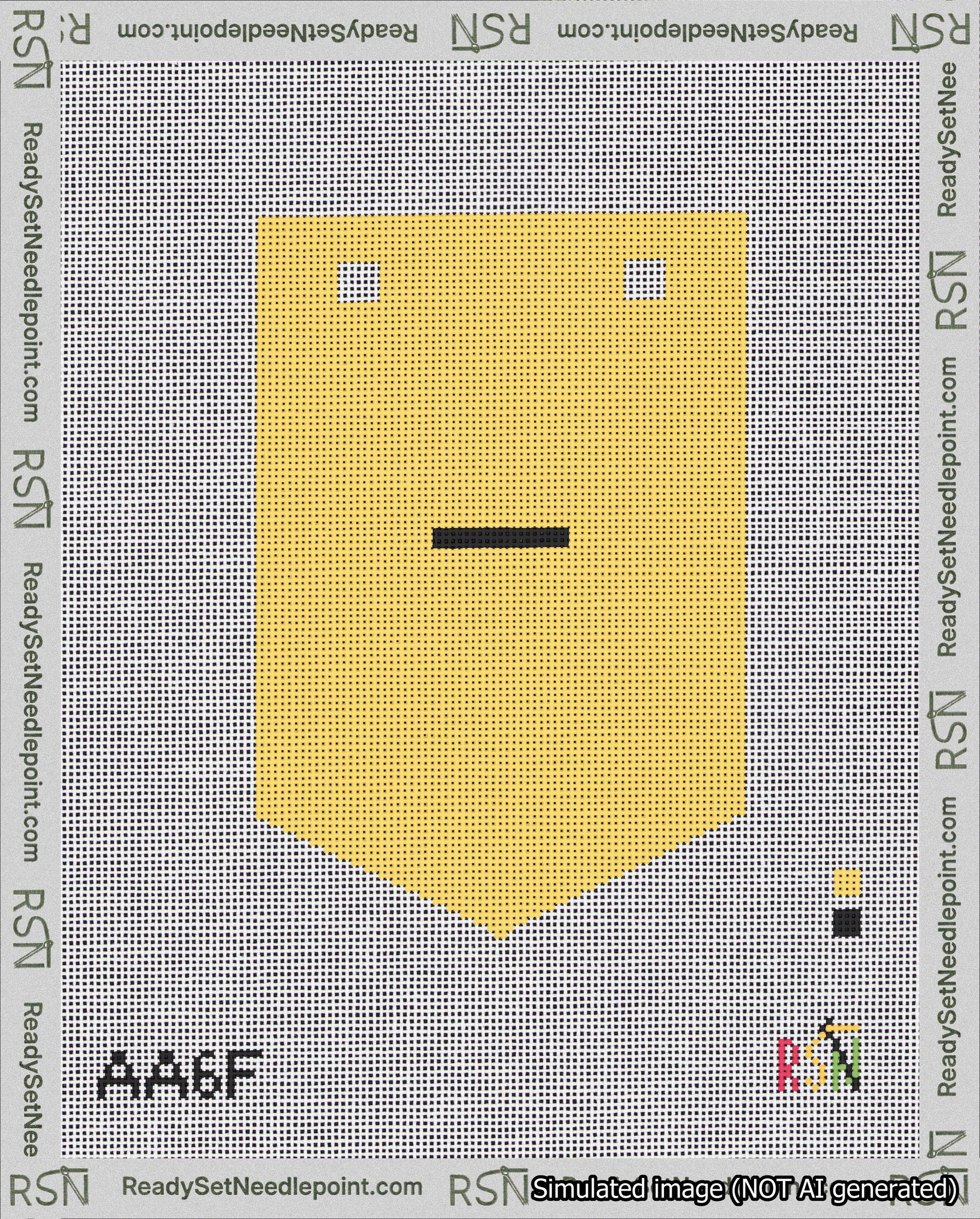 A taped needlepoint canvas with the design: Banner 18 mesh count Pointed Dash Black on Yellow.