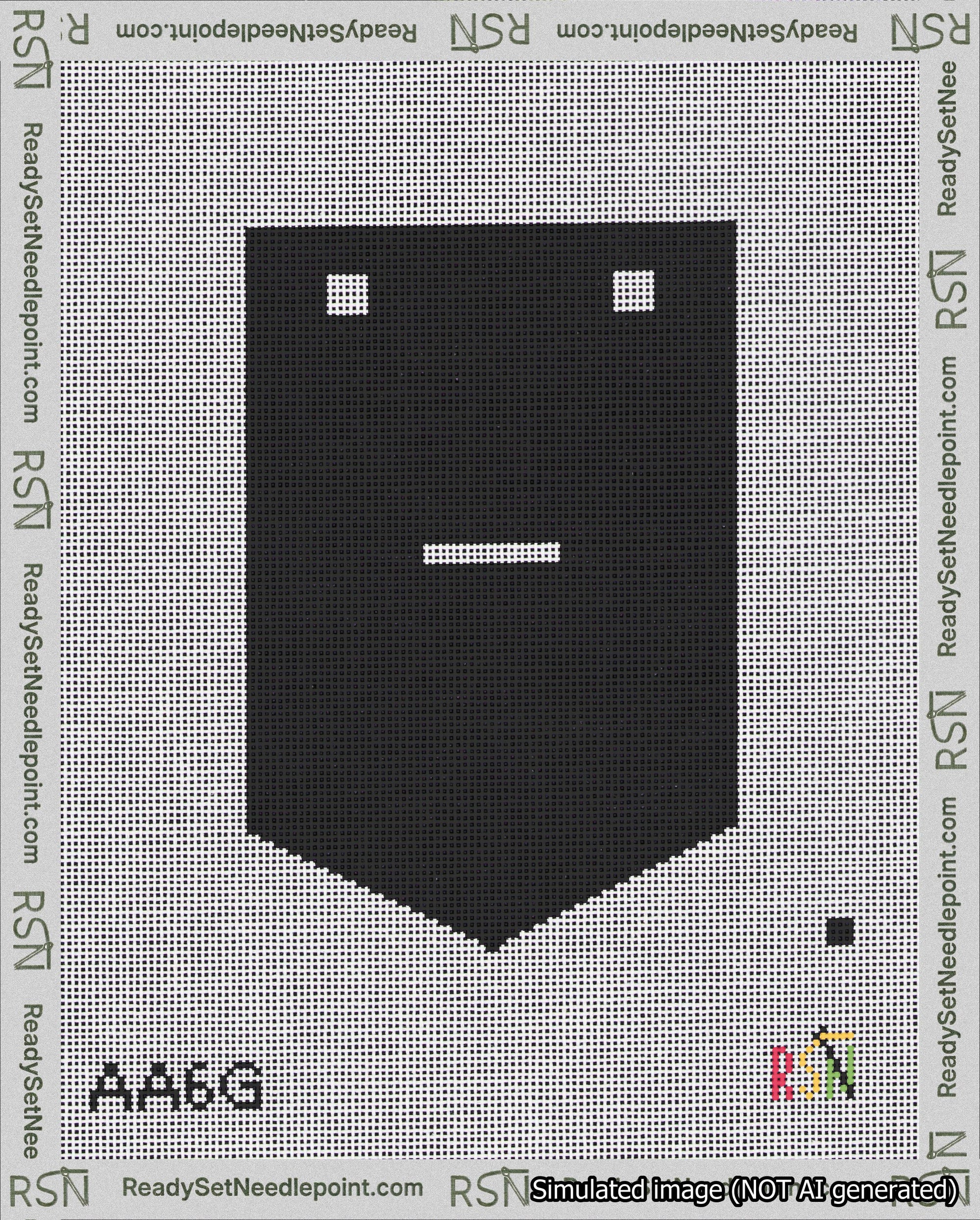 A taped needlepoint canvas with the design: Banner 18 mesh count Pointed Dash White on Black.