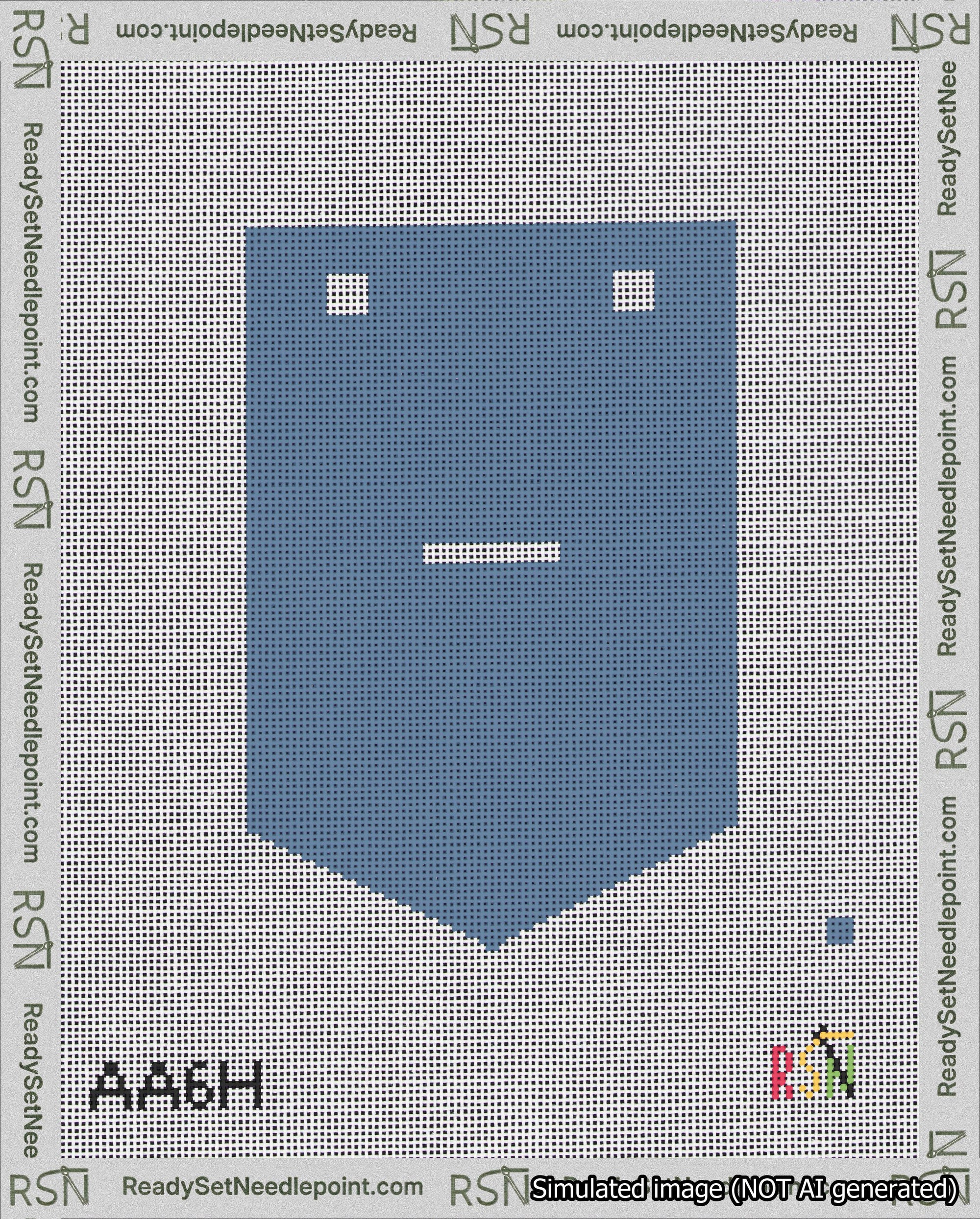 A taped needlepoint canvas with the design: Banner 18 mesh count Pointed Dash White on Blue.