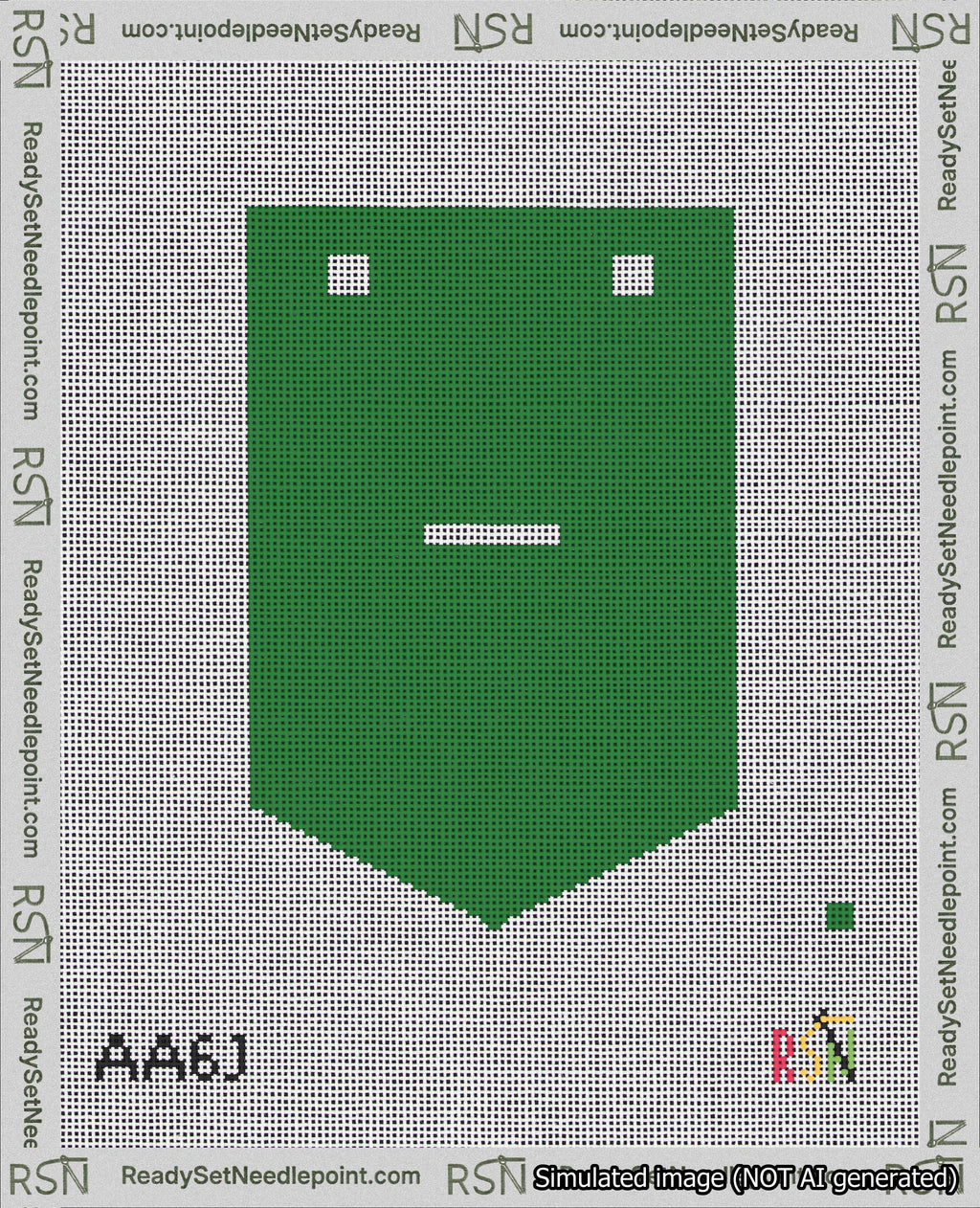 A taped needlepoint canvas with the design: Banner 18 mesh count Pointed Dash White on Green.