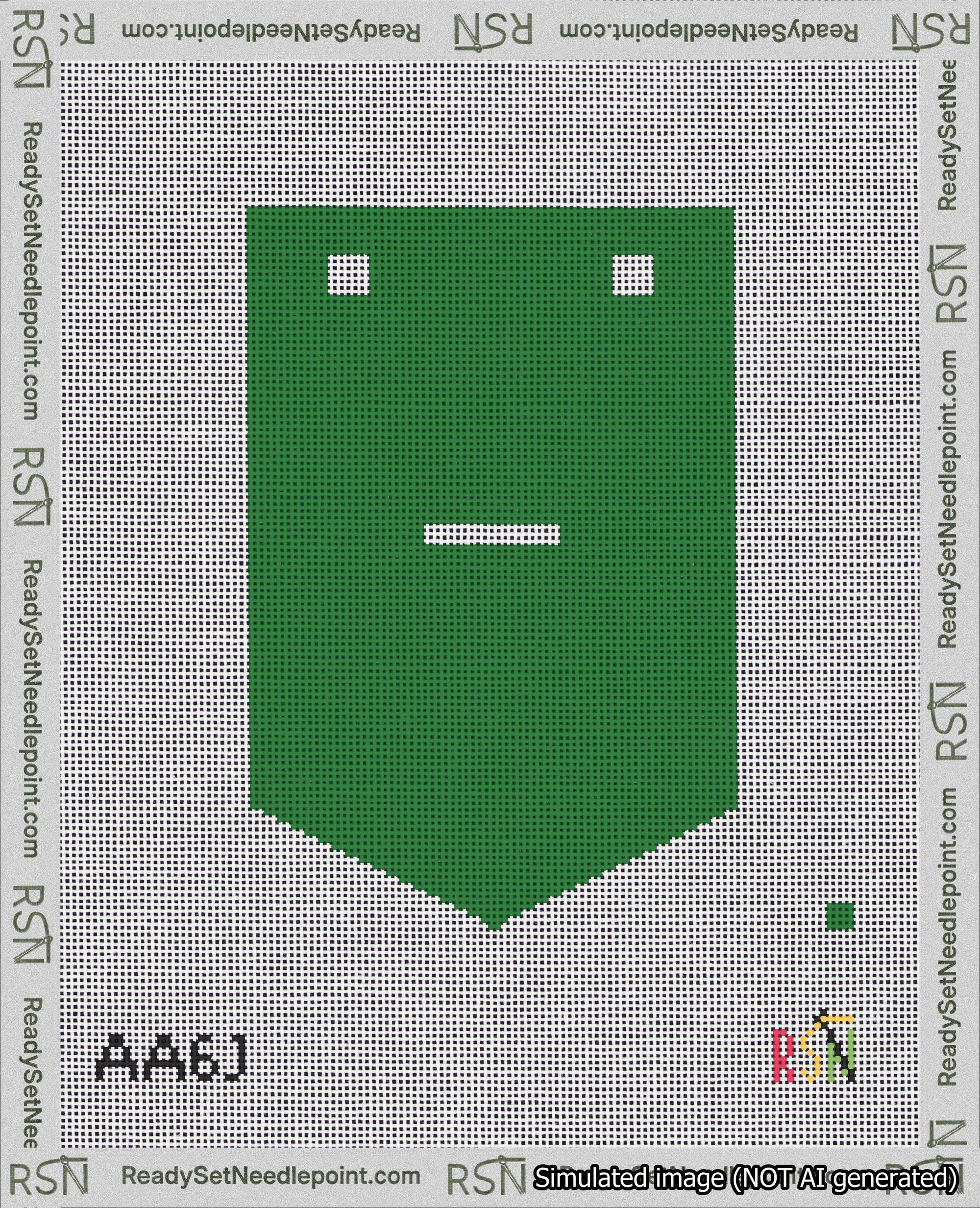 A taped needlepoint canvas with the design: Banner 18 mesh count Pointed Dash White on Green.