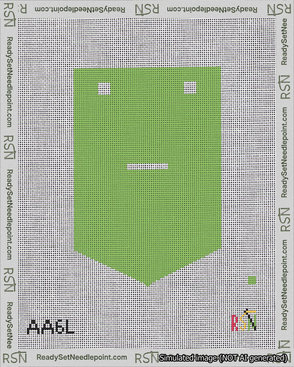 A taped needlepoint canvas with the design: Banner 18 mesh count Pointed Dash White on Light Green.