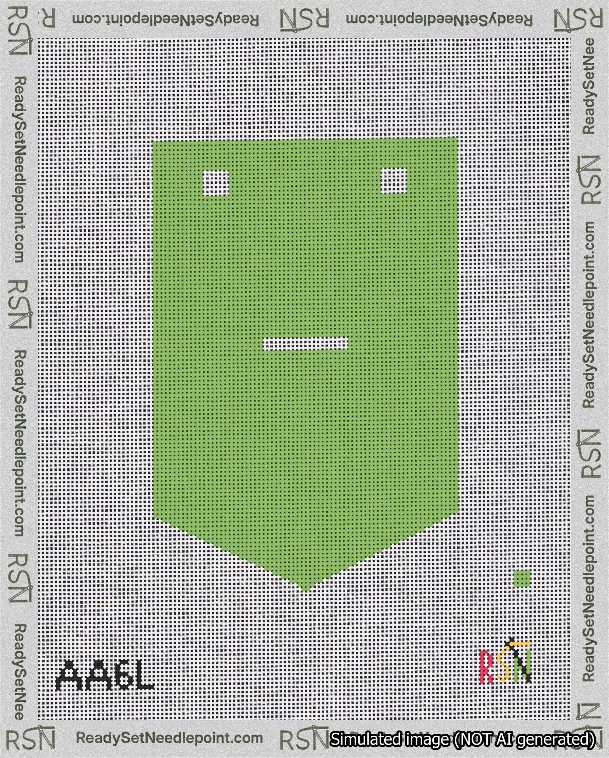 A taped needlepoint canvas with the design: Banner 18 mesh count Pointed Dash White on Light Green.