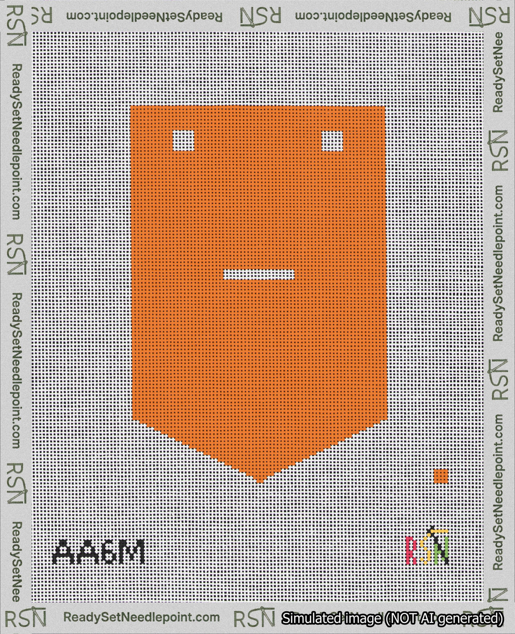 A taped needlepoint canvas with the design: Banner 18 mesh count Pointed Dash White on Orange.